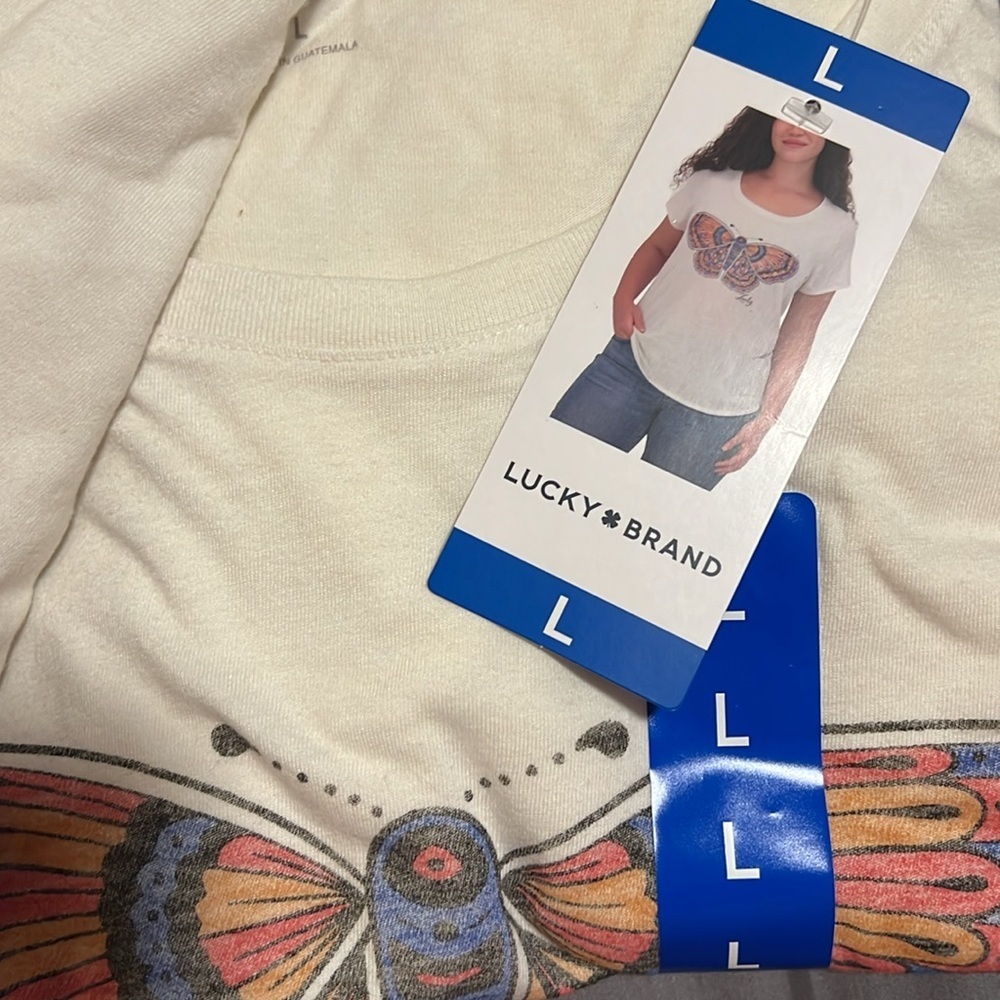 Lucky Brand Cream Scoop Neck Tee with Purple and Orange Butterfly - Picture 4 of 7